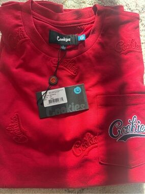 Cookies All Over Embroidered Tee Red Large Streetwear Logo Pocket Shirt